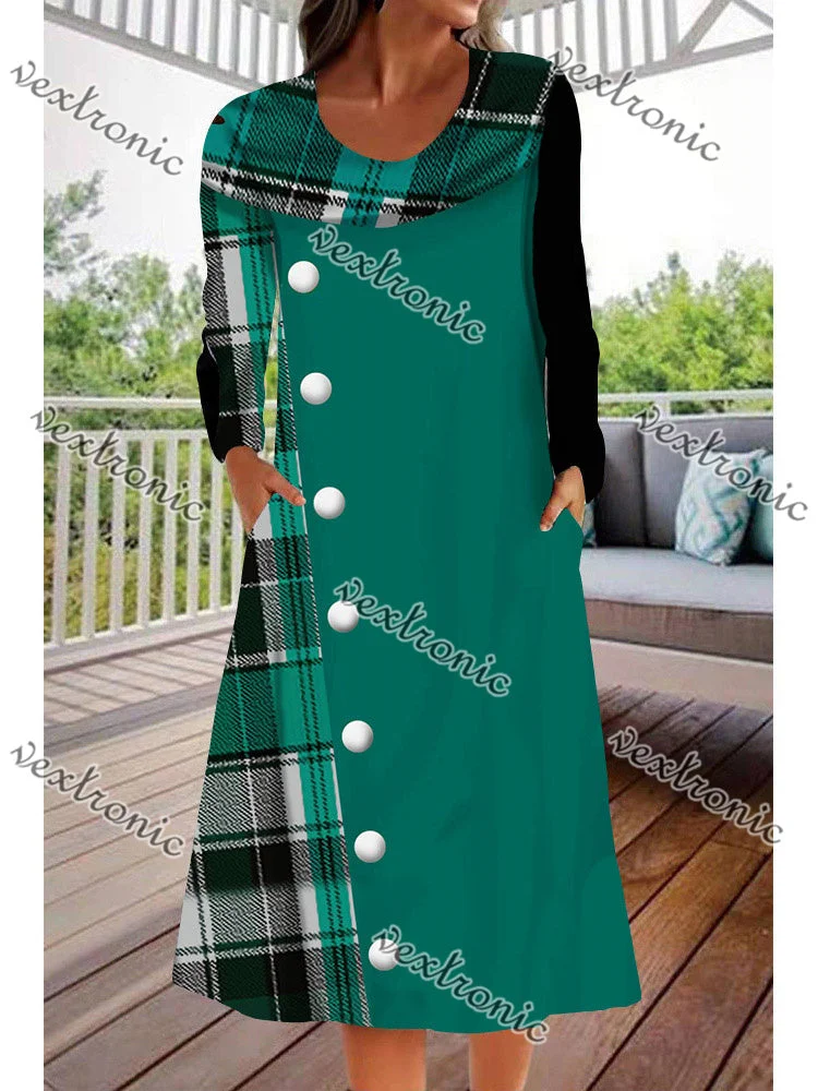 Women Long Sleeve Scoop Neck Plaid Buttons Pockets Midi Dress