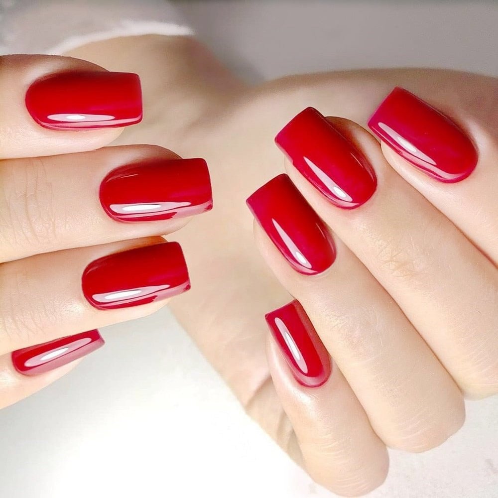 24Pcs Glossy Deep Red Artificial False Fingernails Long Square Fake Nails With Jelly Glue DIY Nail Art Tip Manicure Tool