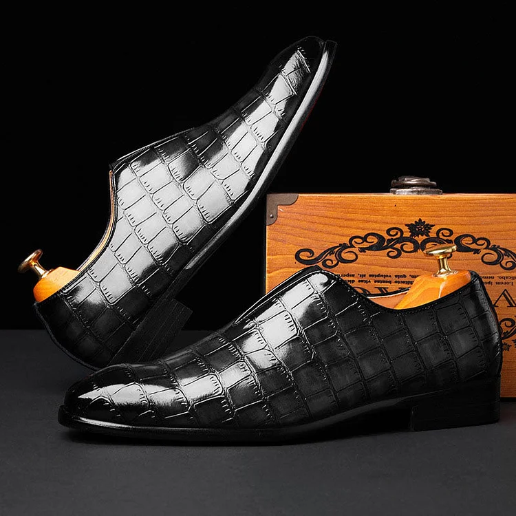 Alligator Texture Pointy Toe Slip On Formal Leather Shoes