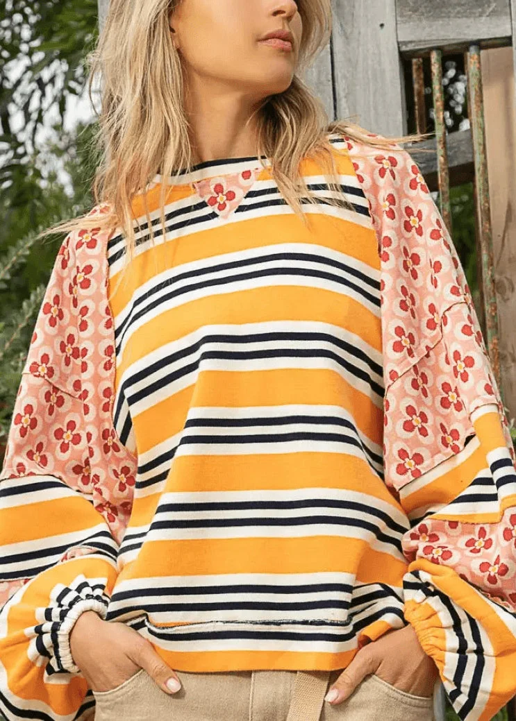 Stylish Yellow O Neck Striped Print Patchwork Cotton Top Lantern Sleeve