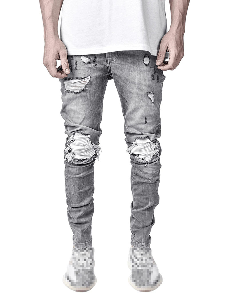 Black Ripped Skinny Jeans Men Fashion Stretch Slim Fit Mid Waist Distressed Fringe Jeans Man Hip Hop Destroyed Grey Denim Pants