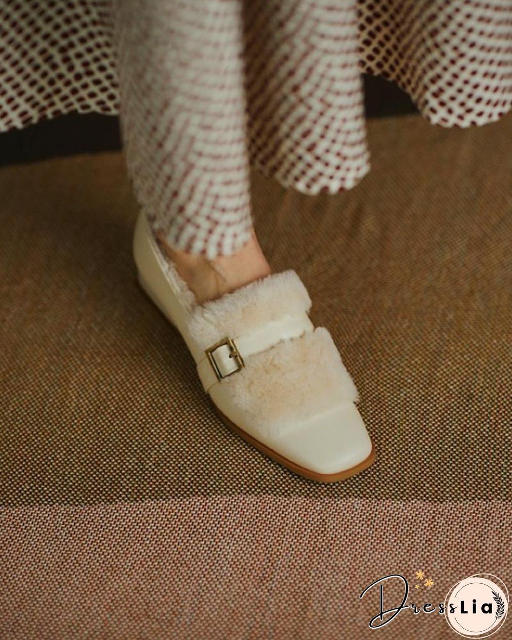 Solid One Buckle Fluffy Low Heel Loafers Slip-on