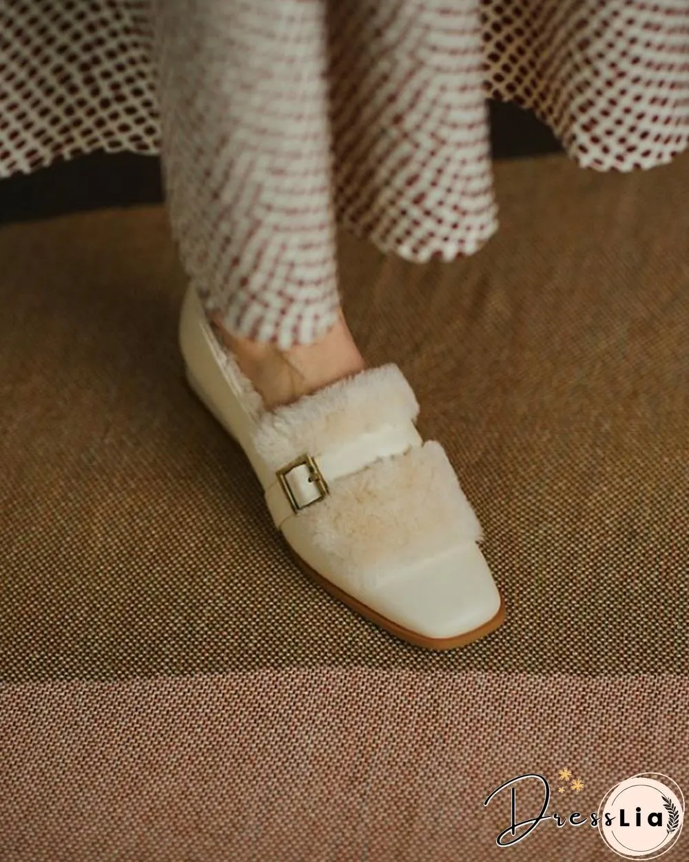 Solid One Buckle Fluffy Low Heel Loafers Slip-on