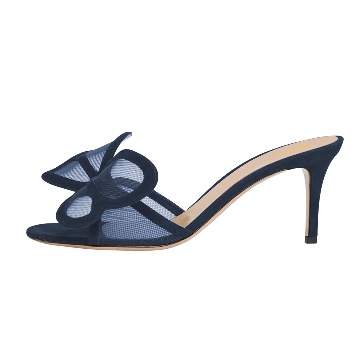 Navy Open Round Toe Stiletto Heel Butterfly Women's Mules Shoes Nicepairs