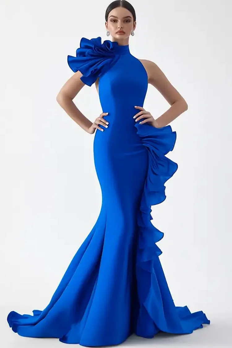 Mock Neck Sleeveless Ruffle Mermaid Maxi Dress-Royal Blue [Custom-Made]