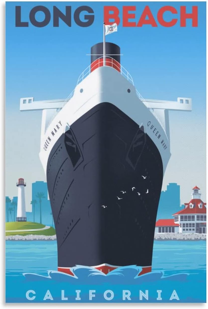 California Vintage Travel Posters Long Beach Queen Mary Ship Canvas Prints Wall Art Paintings Pictures for Living Room Bedroom Decoration Home Bathroom Wall Decor Posters 08x12inch(20x30cm)