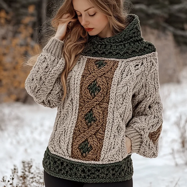 Vintage Women's Celtic Knot Retro Cozy Chunky Knit Hooded Sweater