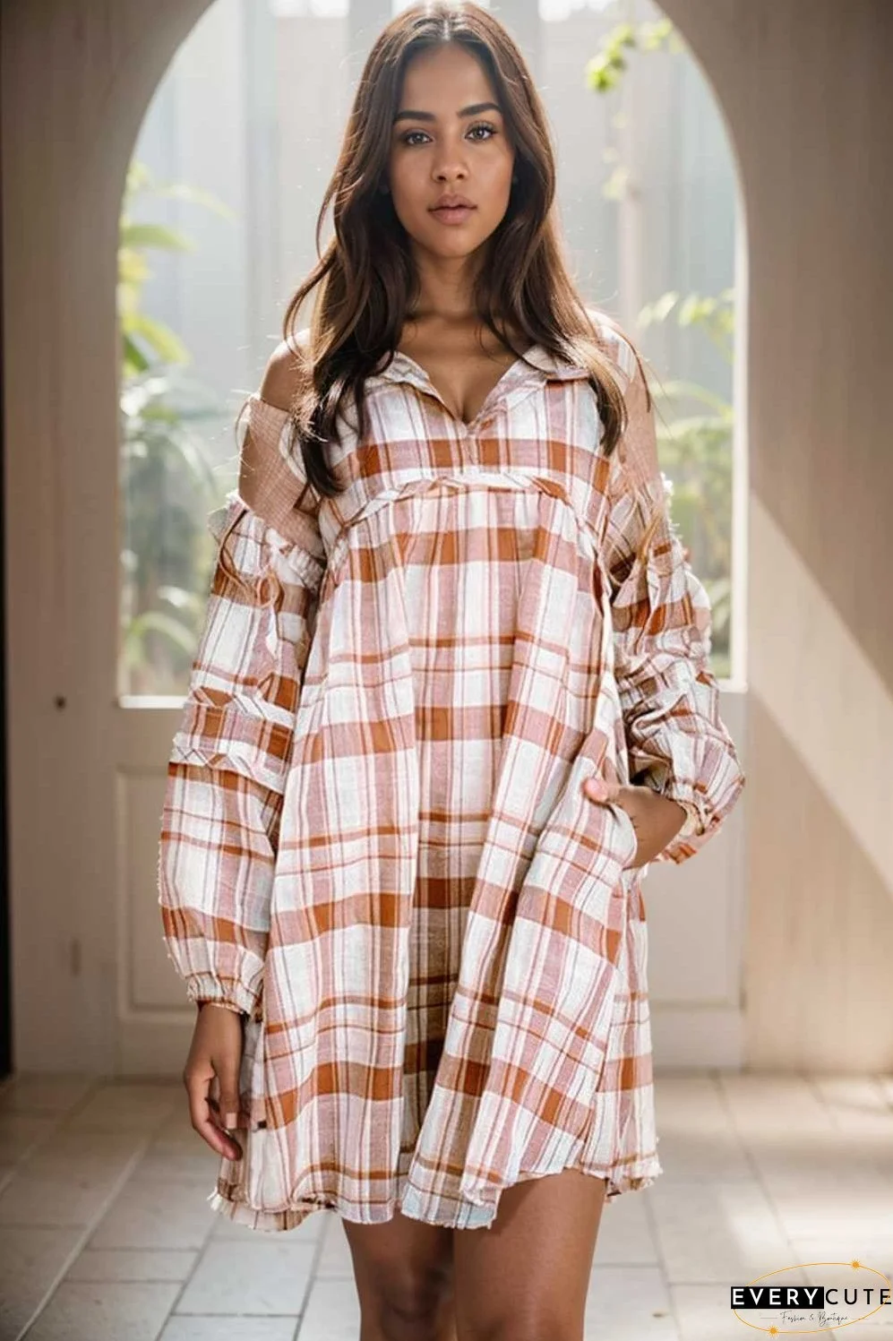 casual plaid shirt dress with long sleeves for women