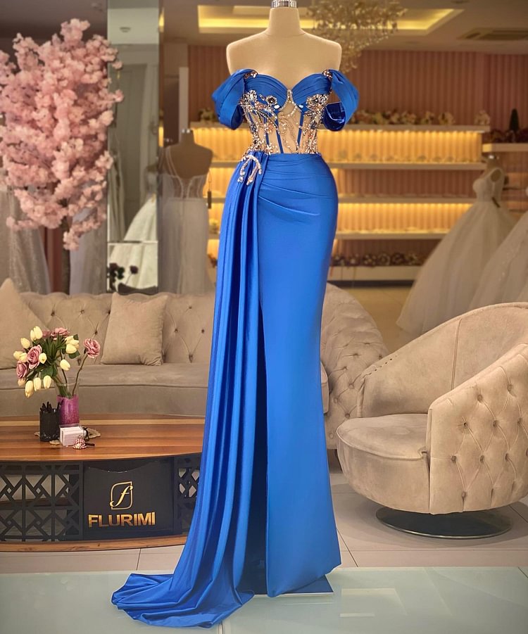 Hellodresses Elegant Off the Shoulder Royal Blue Beaded Sleeveless Prom Dress With Split