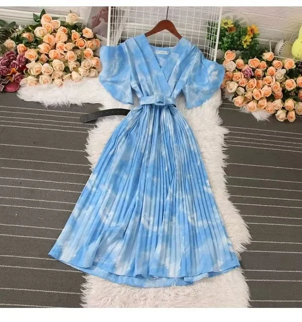 Athvotar Athvotar French Crumlom Dyed Summer New Waist Display Thin And Long Elegant Folded Chiffon Dress Holiday Woman