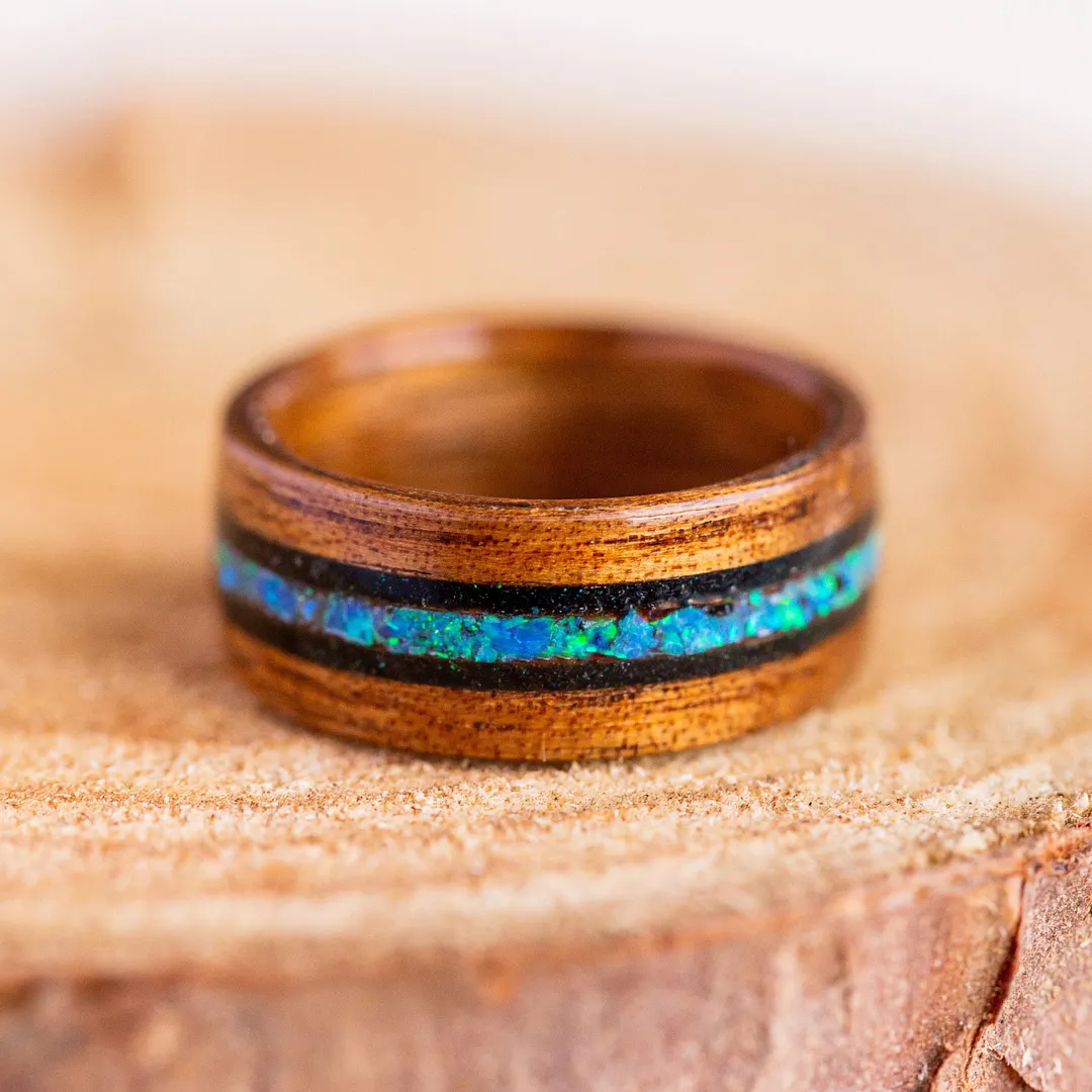 Dark Koa & Blue Pacific Opal in Black Tourmaline