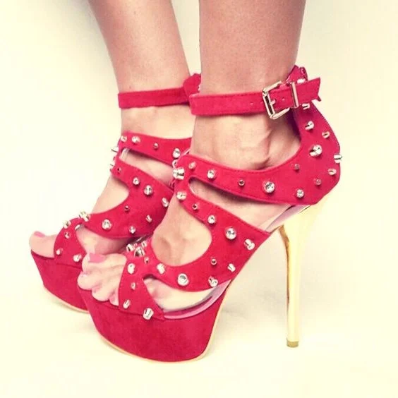 Women's Red Ankle Strap Heels with Rivets Stiletto Heel Stripper Shoes |FSJ Shoes