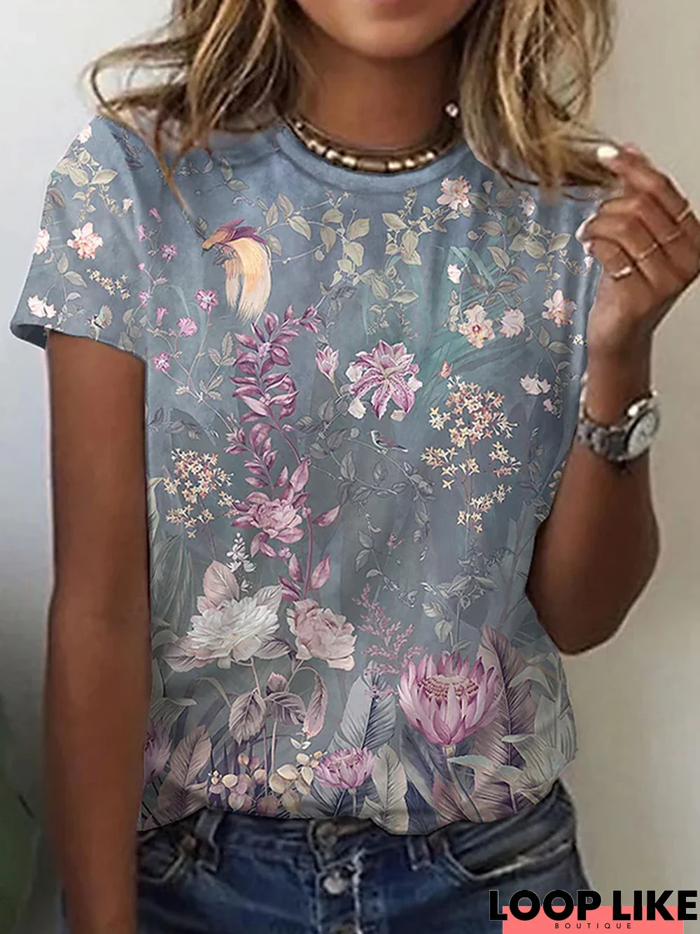 Floral Crew Neck Casual Short Sleeve T-Shirt