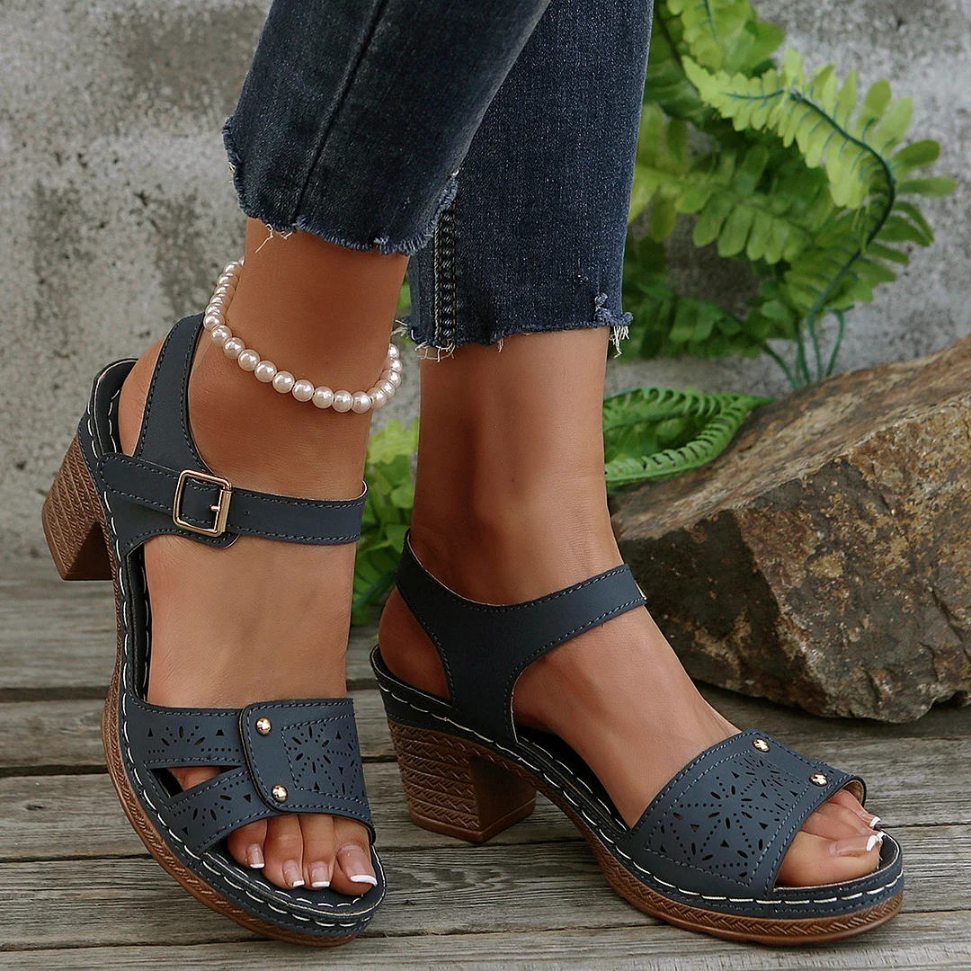 Yyvonne Retro Casual Roman Style Round Head Sandals Women New Hollow Pattern High Heel Buckle With Large Size Sandals