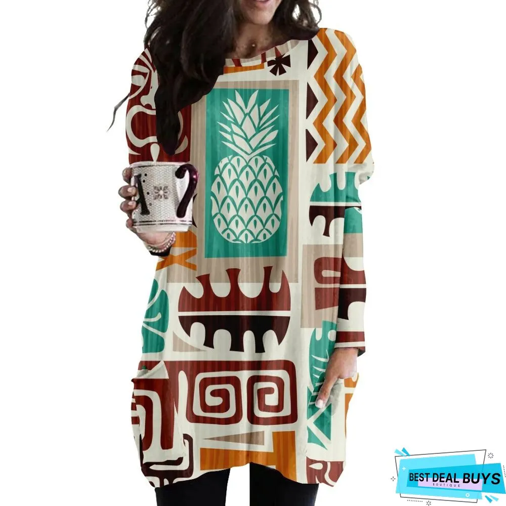 Round Neck Casual Fashion Medium Length Loose Dress 3D Printing