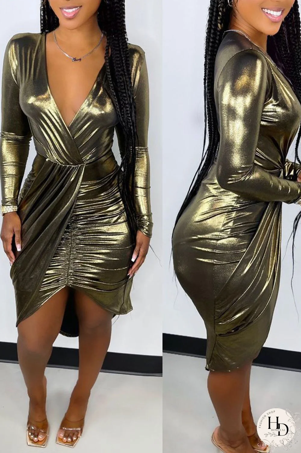 Gold Sexy Solid Split Joint Fold Asymmetrical V Neck Irregular Dress Dresses