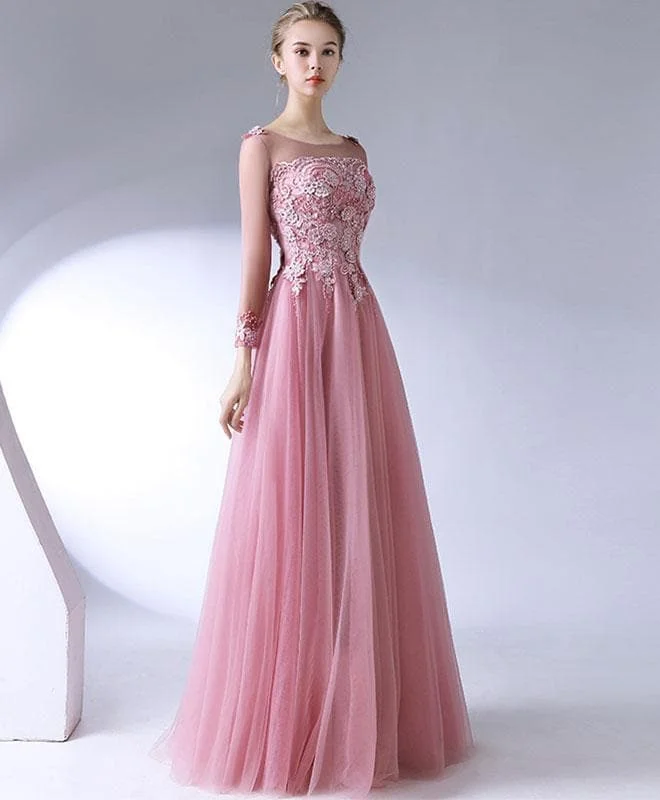 Pink Lace Tulle Long Prom Dress, Long Sleeve Evening Dress