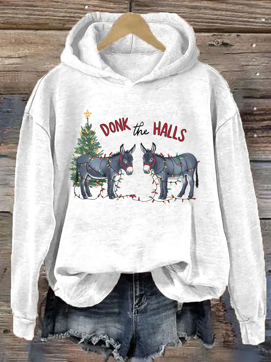 Funny Christmas Donkeys Tangled In Christmas Lights Hoodie