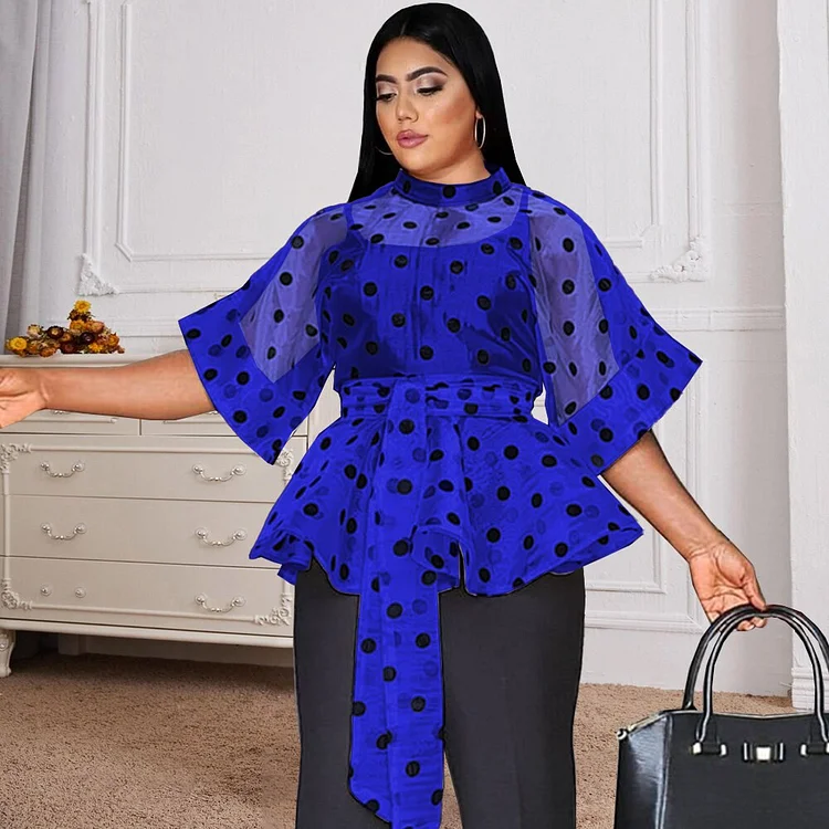 Sexy See Through Tops 3/4 Sleeve Black Polka Dot Organze White Orange Women Blouse Evening Party Plus Size Shirt Tops with Belt QueenFunky