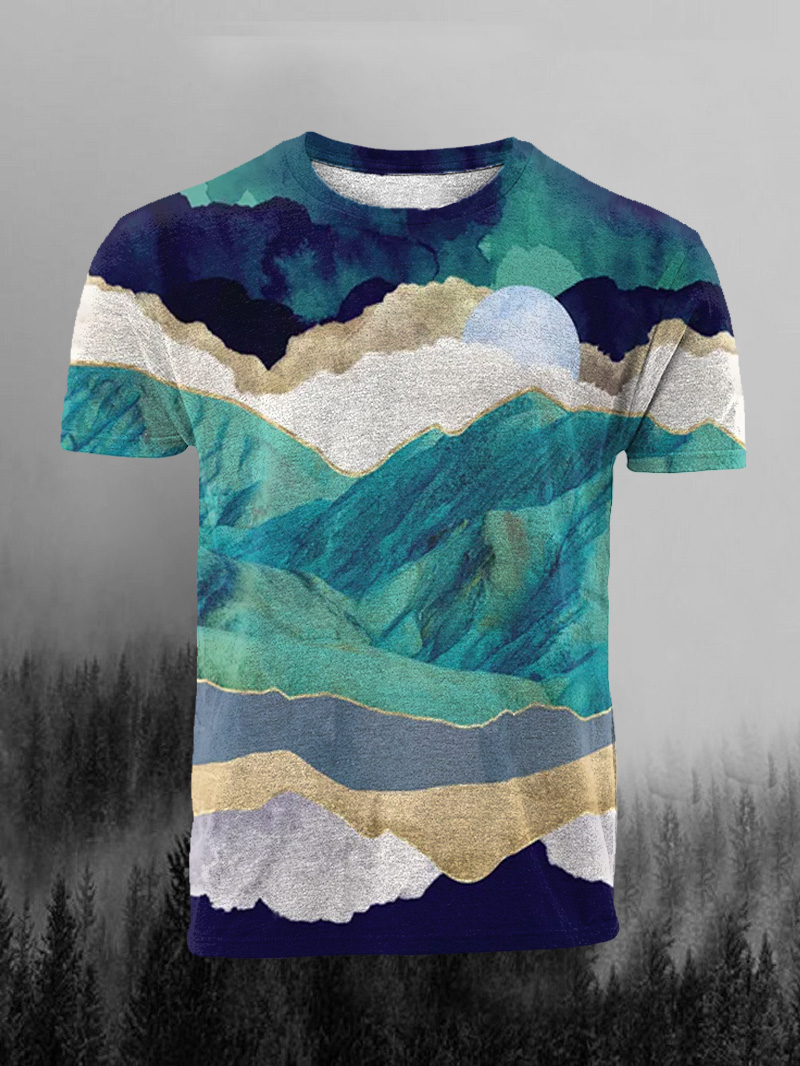 Men's Colored Mountain Print Casual Short Sleeve T-shirt