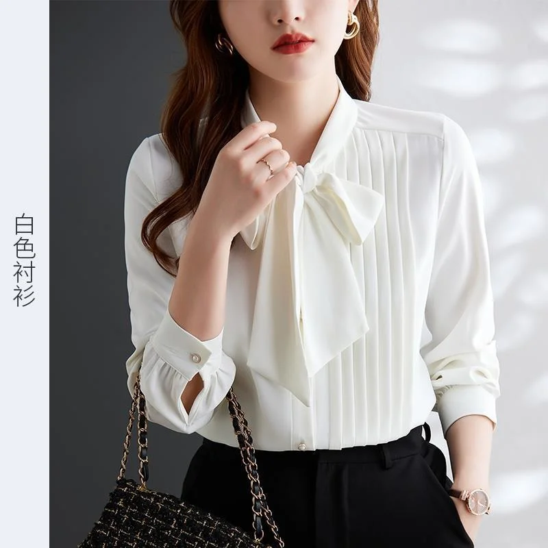 Uveng Uveng Curry With Chiffon Long-Sleeved Shirt Women's Bow Tie Irregular Design Sense 2025 New Ocean Fashion