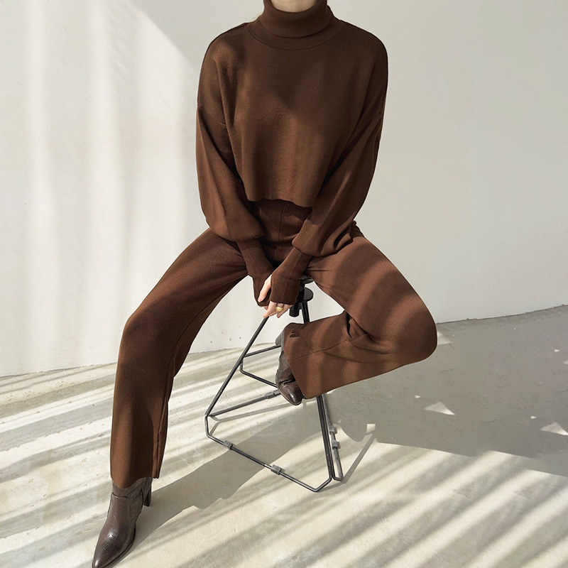 Ootddress Turtleneck Two Piece Outfits For Women Lantern Sleeve Cropped Top And Straight Leg Pants Sets Tracksuit Casual Outfits