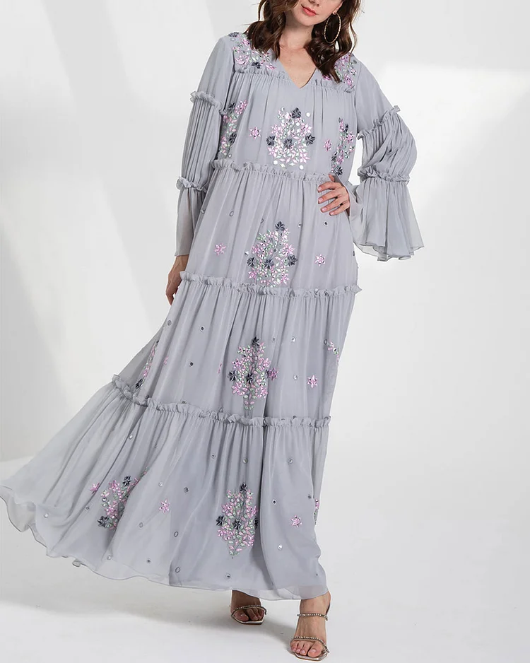 Long Sleeves Tiered Frill Jalabiya With Placement Floral Motif Embroidery