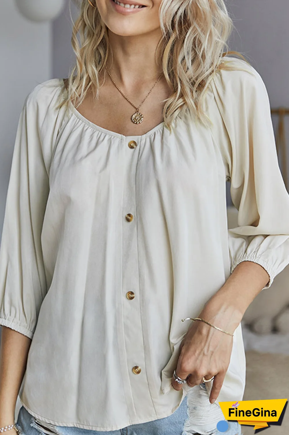 Elegant Solid Buckle V Neck Tops