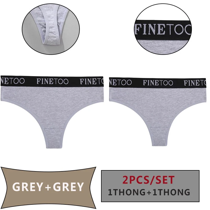 FINETOO 2PCS/Set Women Cotton Panties Sexy Letter Underwear Panty Thong Low Waisted 1Panty+1G-string Brief Tanga Lingerie Femme