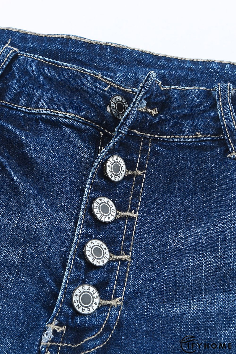 Blue Medium Wash Button Fly Distressed Plus Size Jeans | IFYHOME