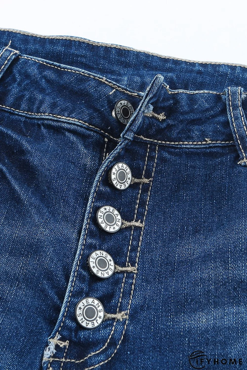 Blue Medium Wash Button Fly Distressed Plus Size Jeans | IFYHOME