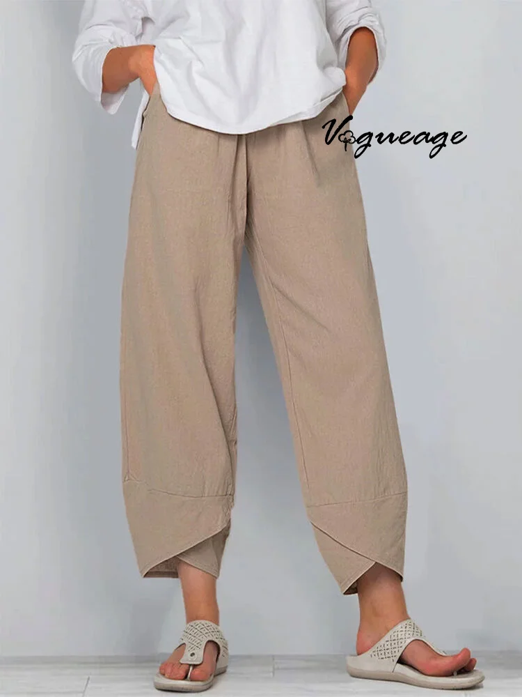 Fashionable Loose Casual Cotton And Linen Elastic Waist Nine-Point Pants