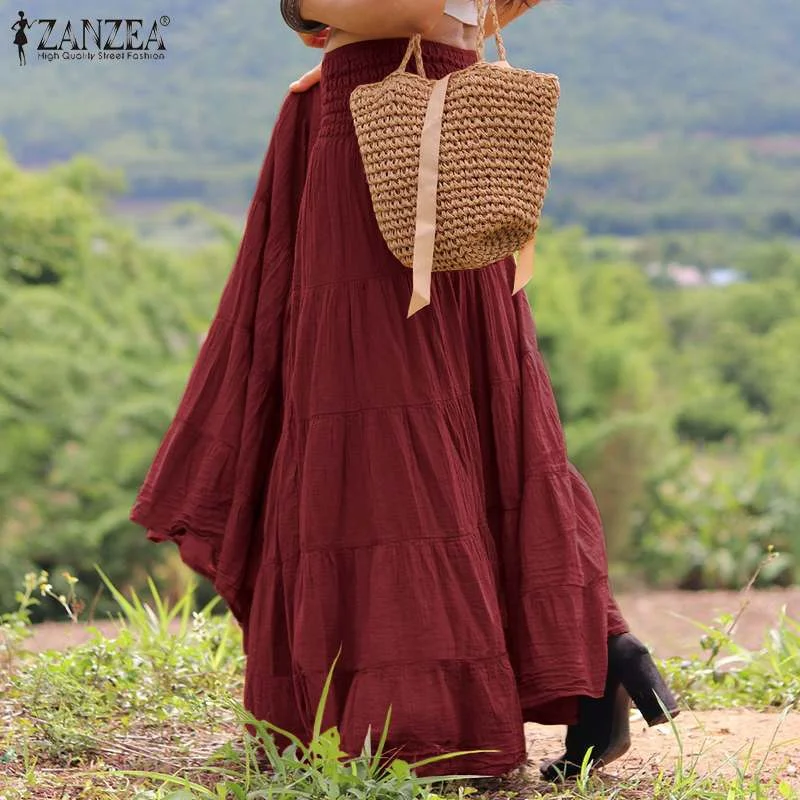 Autumn Elastic Waist Solid Holiday Skirt ZANZEA Oversized Women Maxi Long Skirts Casual Ruffles Party Faldas Saia Loose Jupe