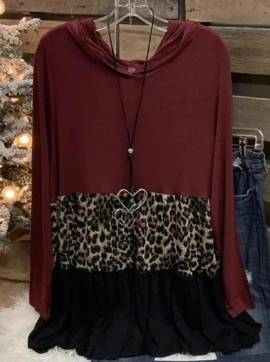 Leopard Print Panel Hooded Ruched Top