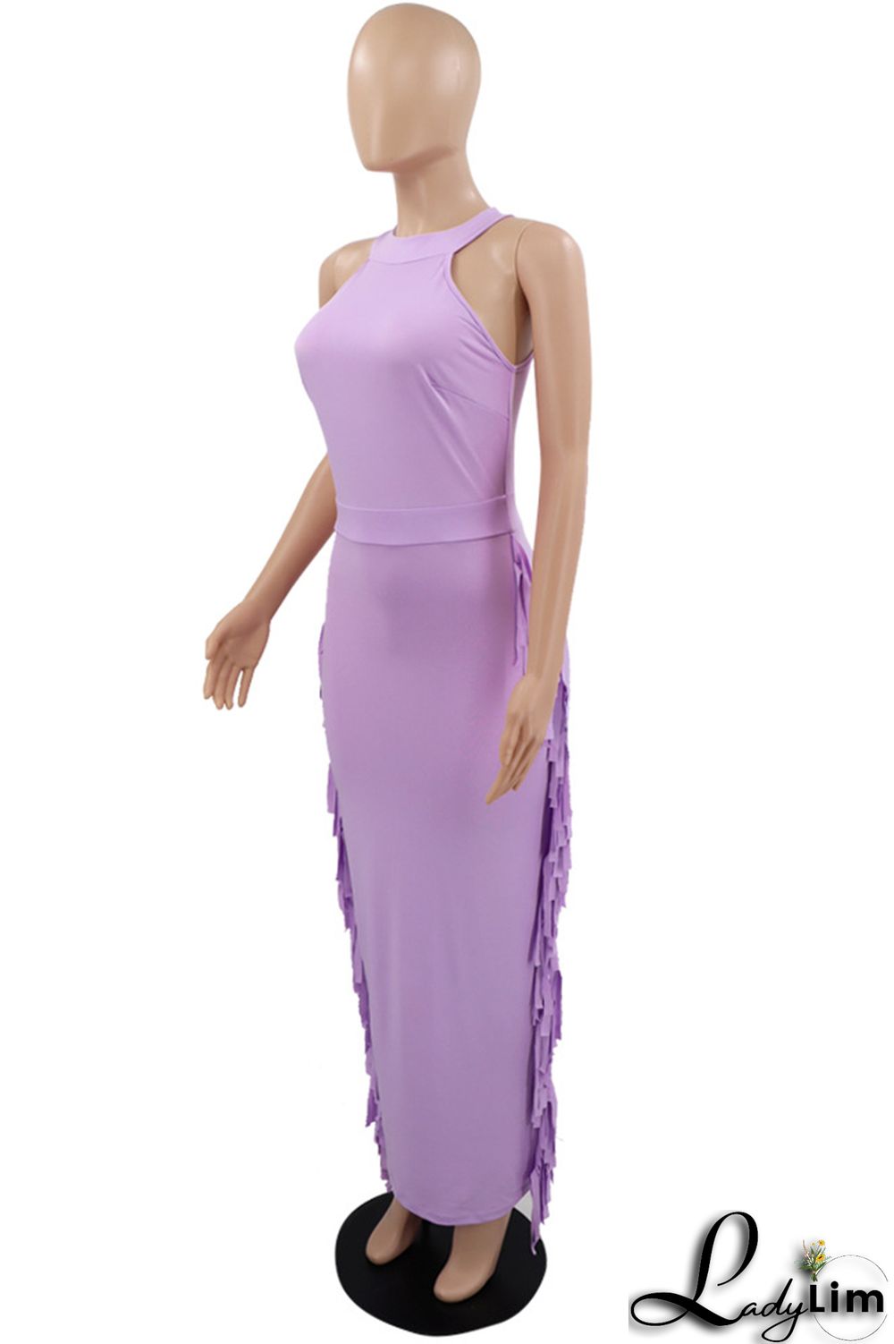 Purple Fashion Casual Solid Tassel Patchwork O Neck Sleeveless Dress