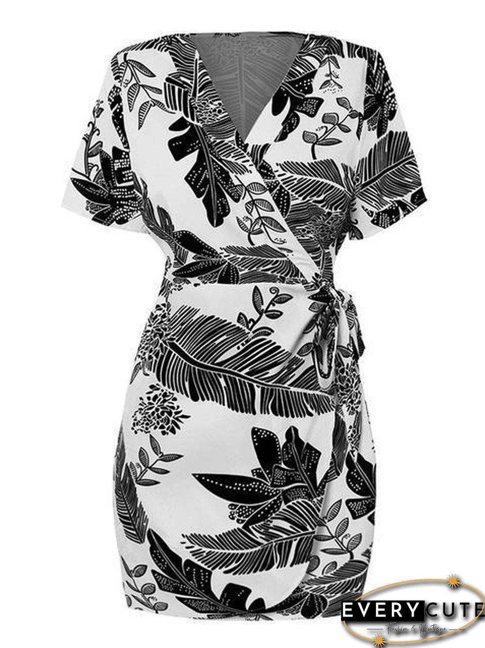 V Neck Leaves Printed Lace-Up Short Romper