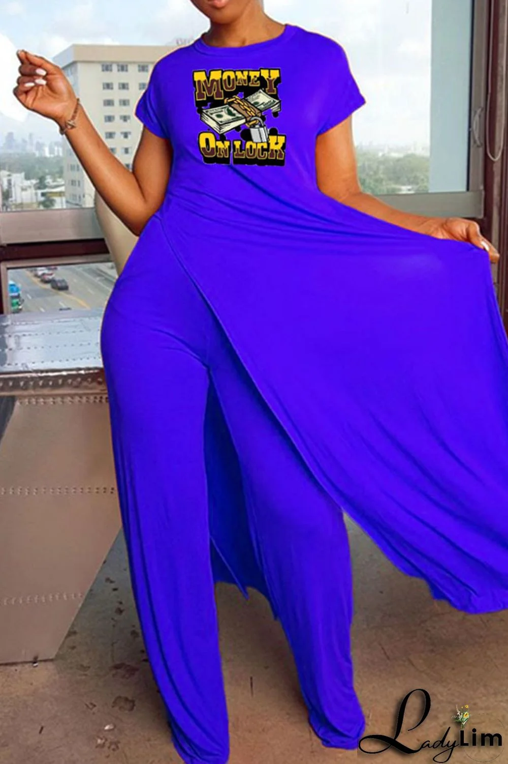 Black Casual Print Patchwork Slit O Neck Short Sleeve Two Pieces