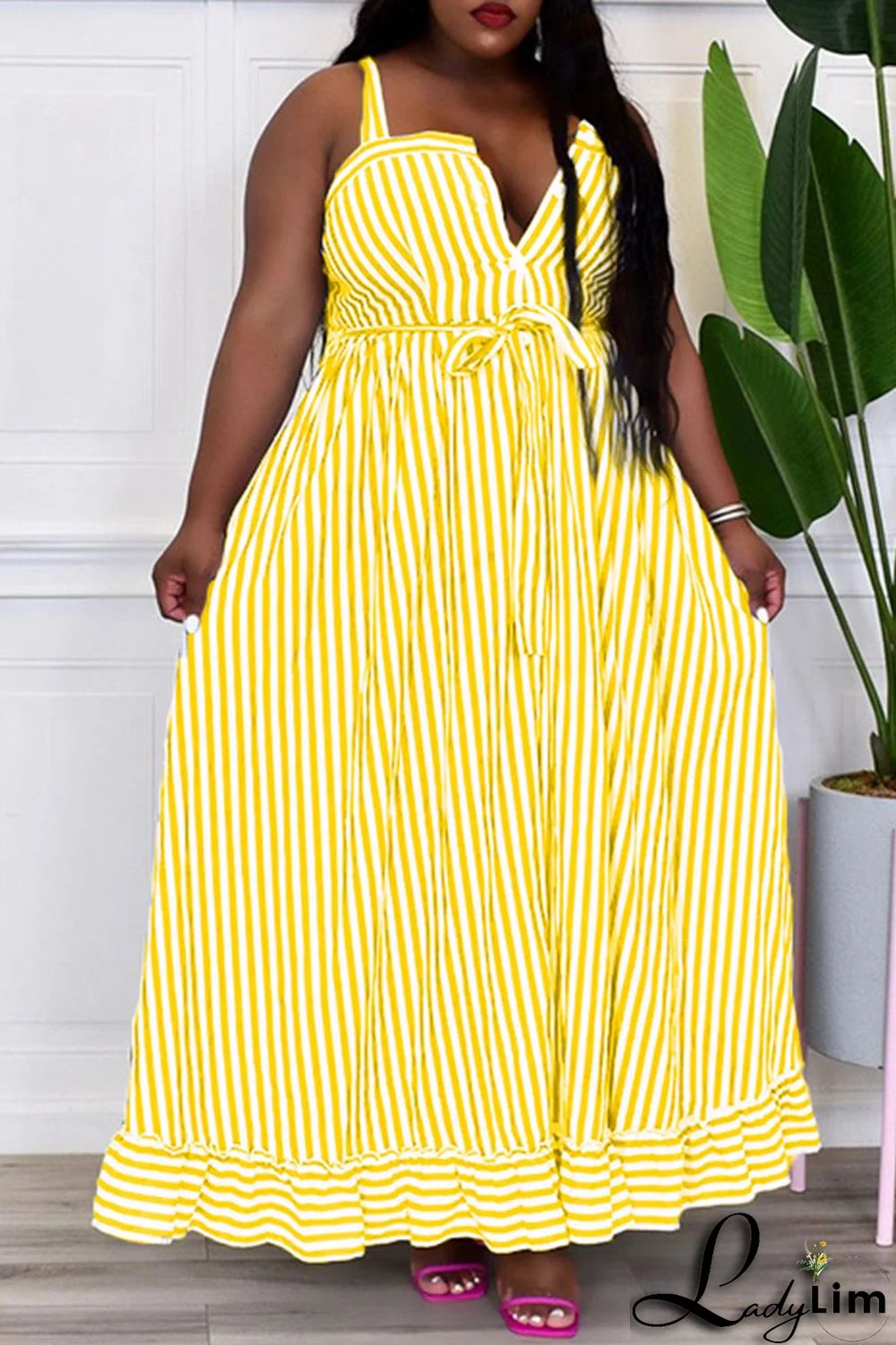 Yellow Casual Sweet Striped Print Patchwork Buckle Spaghetti Strap Sling Dress Dresses