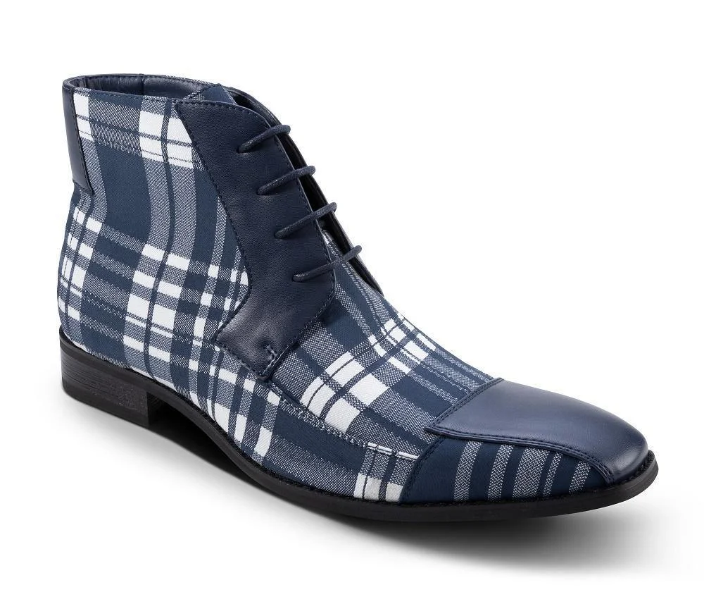 Men's Asymmetrical Plaid Patterned Boots in Navy