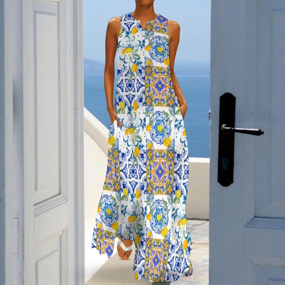 Abito lungo estivo in stile mediterraneo con agrumi e limone