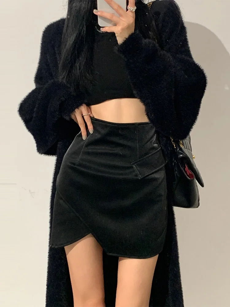 Lautaro Spring Summer Black Brown Faux Leather Mini Skirt Women High Waist A Line Short Luxury Designer Asymmetric Clothes 2022