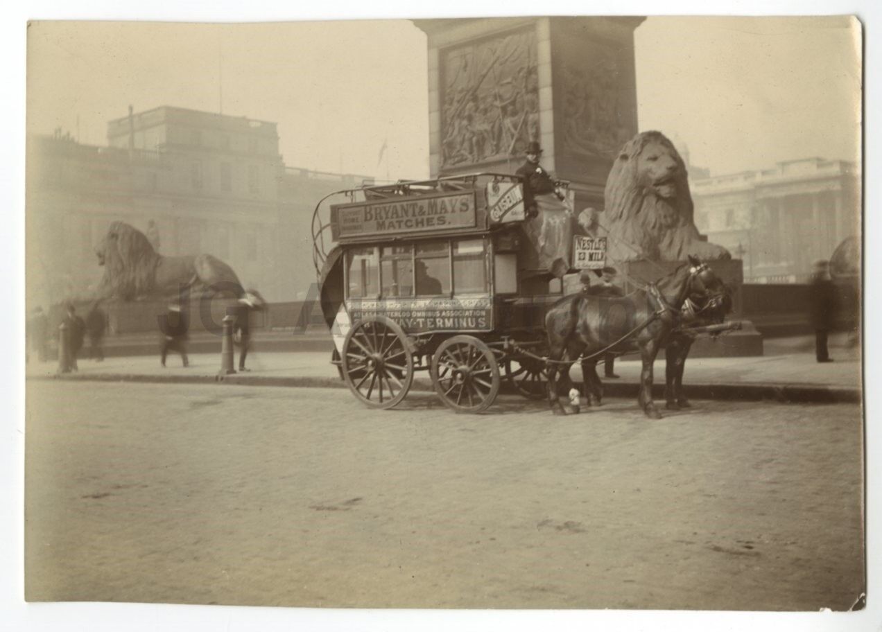 Trafalgar Square London 1900s Original Silver Gelatin Photo Poster painting Horse Drawn Omnibus