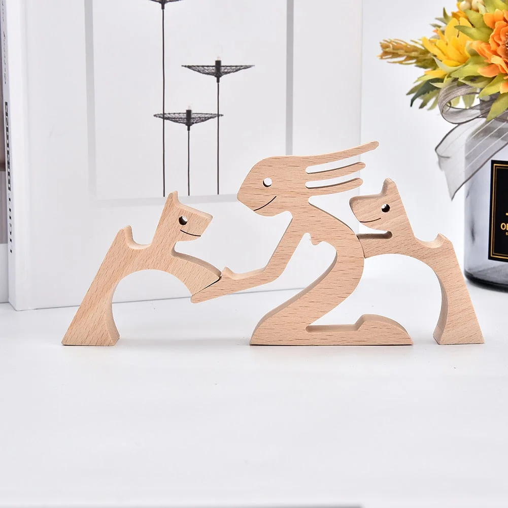 Family Puppy Wood Dog Craft Figurine Desktop Table Ornament Carving Model Creative Home Office Decoration Love Pet sculpture 515