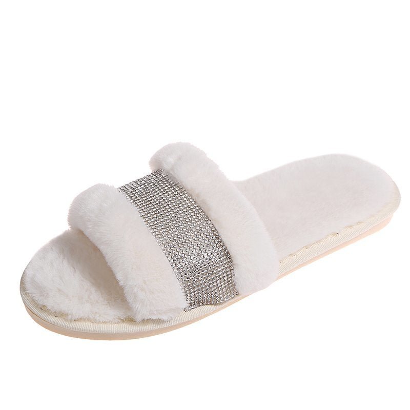 Shiny Rhinestone Women Luxury Fur Slippers Flat Indoor Cozy Furry Slides Solid Crystal Designer Home Shoes Ladies Female Winter
