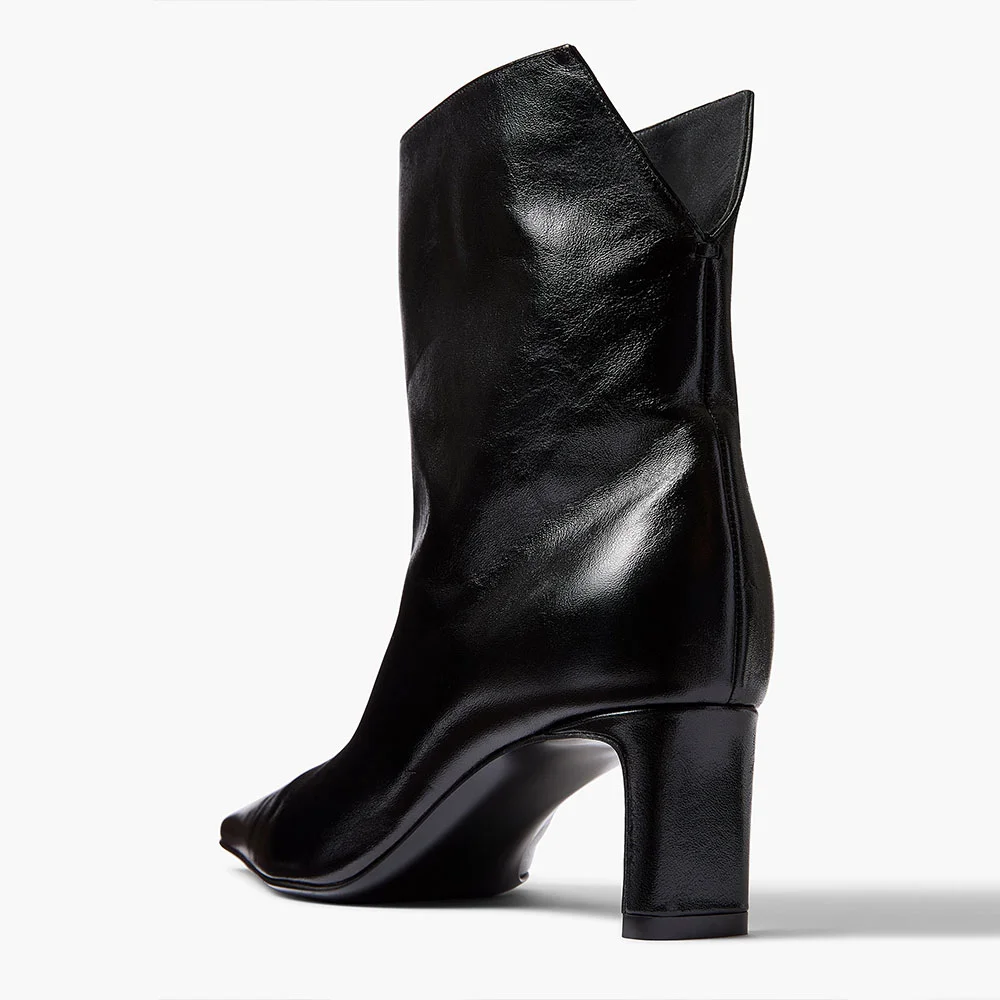 Black Pull-On Square Toe Ankle Boots for Women with Chunky Heel