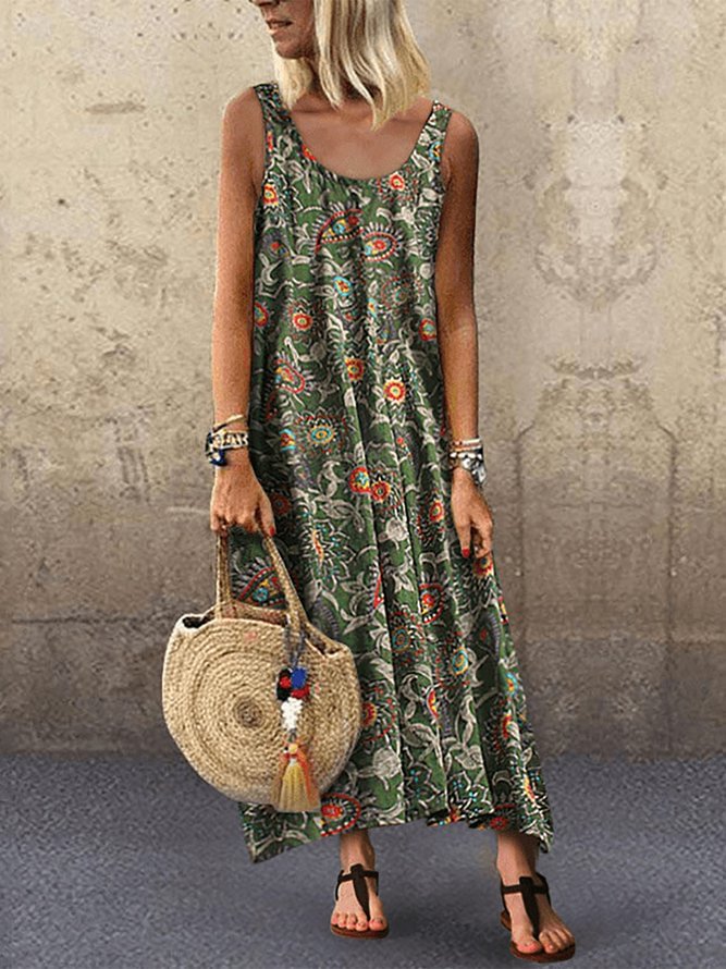 Floral Printed Hippie Sleeveless Maxi Vacation Dresses