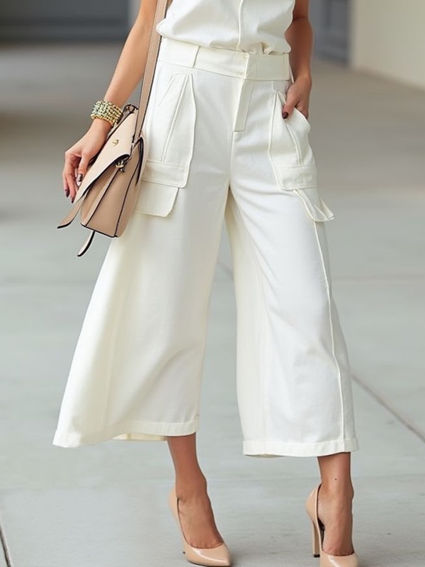 Wide Leg Buttoned Pockets Solid Color Zipper Casual Pants Bottoms Trousers