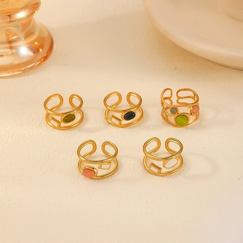 French Style IG Style Irregular 304 Stainless Steel Natural Stone 18K Gold Plated Plating Inlay Open Rings