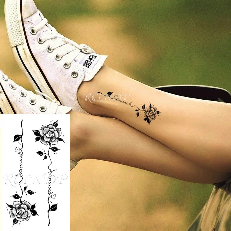 Waterproof Temporary Tattoo Sticker Rose Flower Leaf Letter Black Small Body Art Flash Tatoo Fake Tatto for Kids Girl Men Women