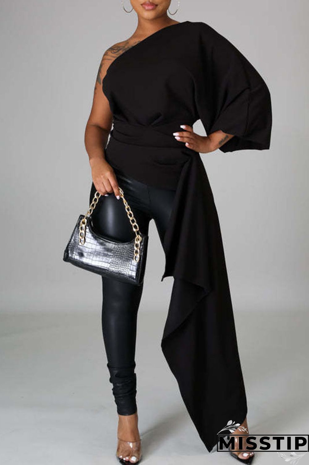 Black Casual Solid Patchwork Asymmetrical Oblique Collar Tops